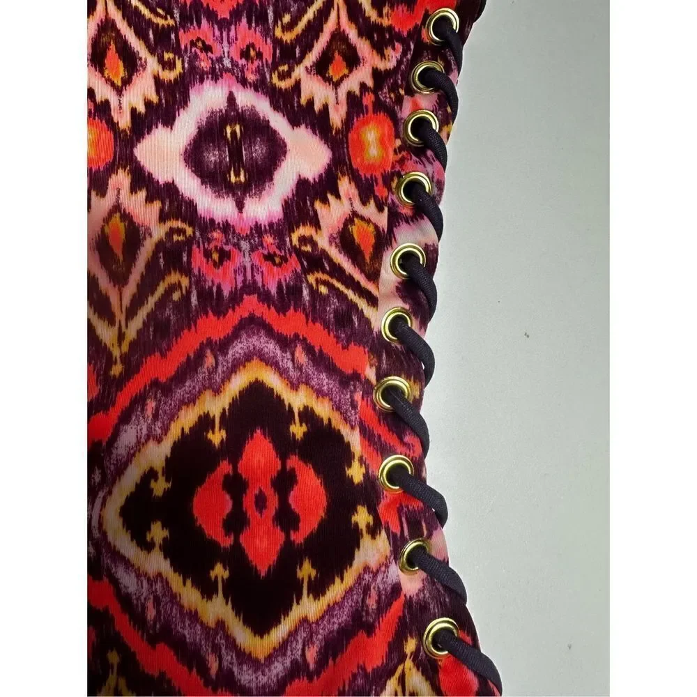 Victoria's Secret Red Pink Paisley One Shoulder Side Lace Up One Piece Swimsuit